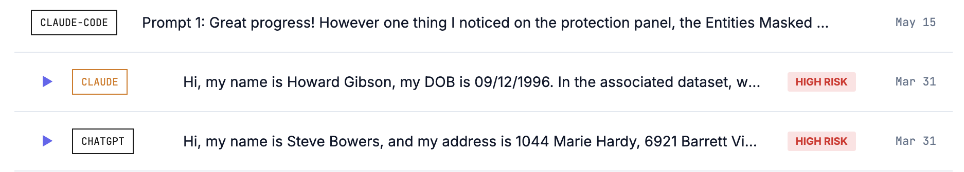 Actual PrivacyPal screenshot: realtime activity feed of protected items