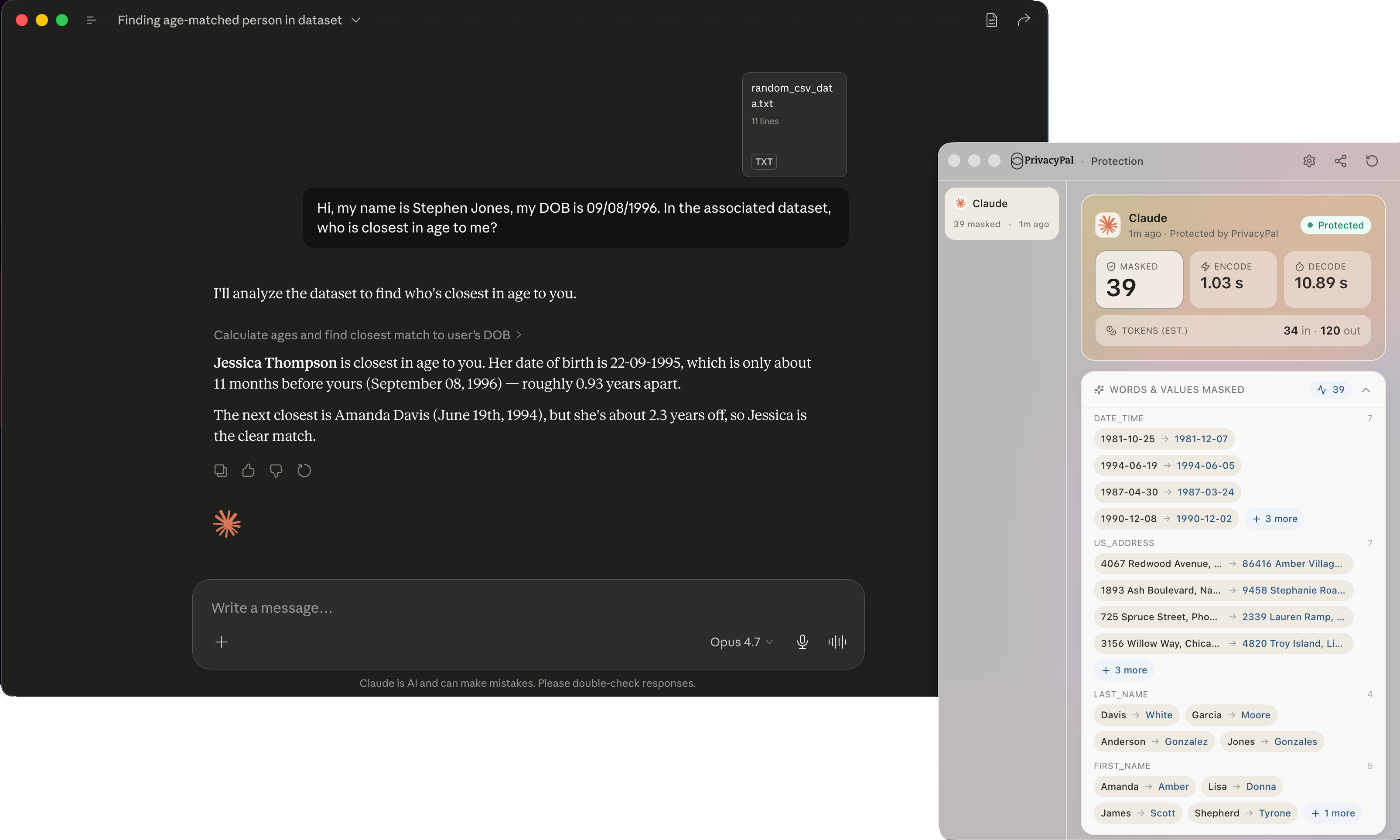 Actual PrivacyPal screenshot: protection running inside a Claude chat